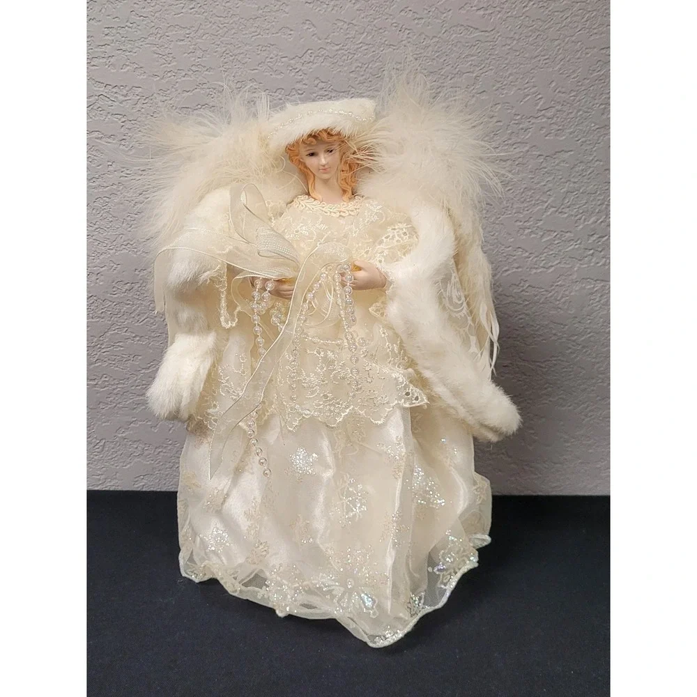 Angel Christmas Tree Topper Cream Glittery Snowflakes 11 inch Tall - Picture 1 of 10